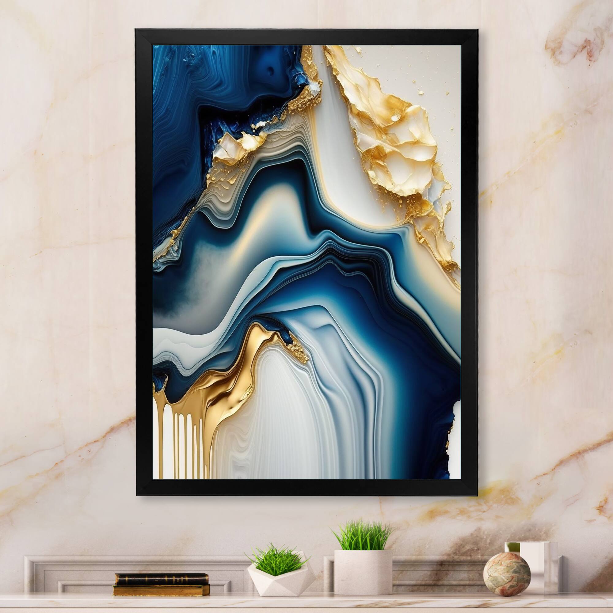 Designart 'Abstract Geode Gold And Blue Marble II' Marble Abstract Framed Canvas Wall Art
